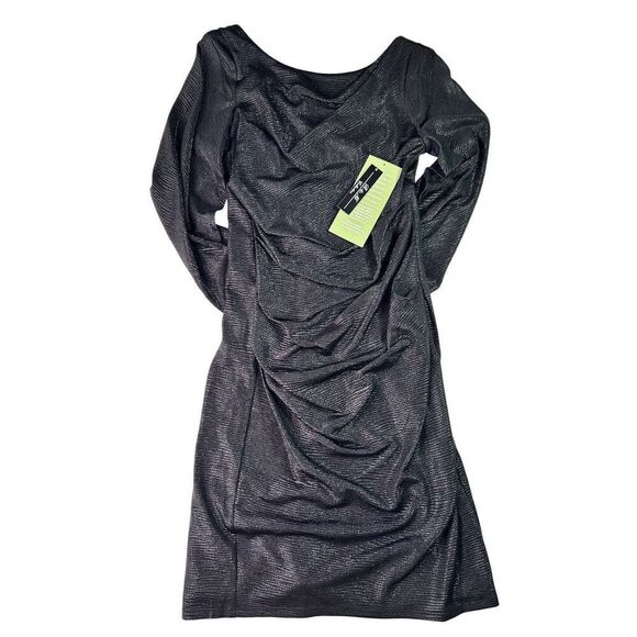 R&M Richards Women's Sz 8 Drape Back Metallic Knit Split Sleeve Short Dress Blck - Picture 11 of 16